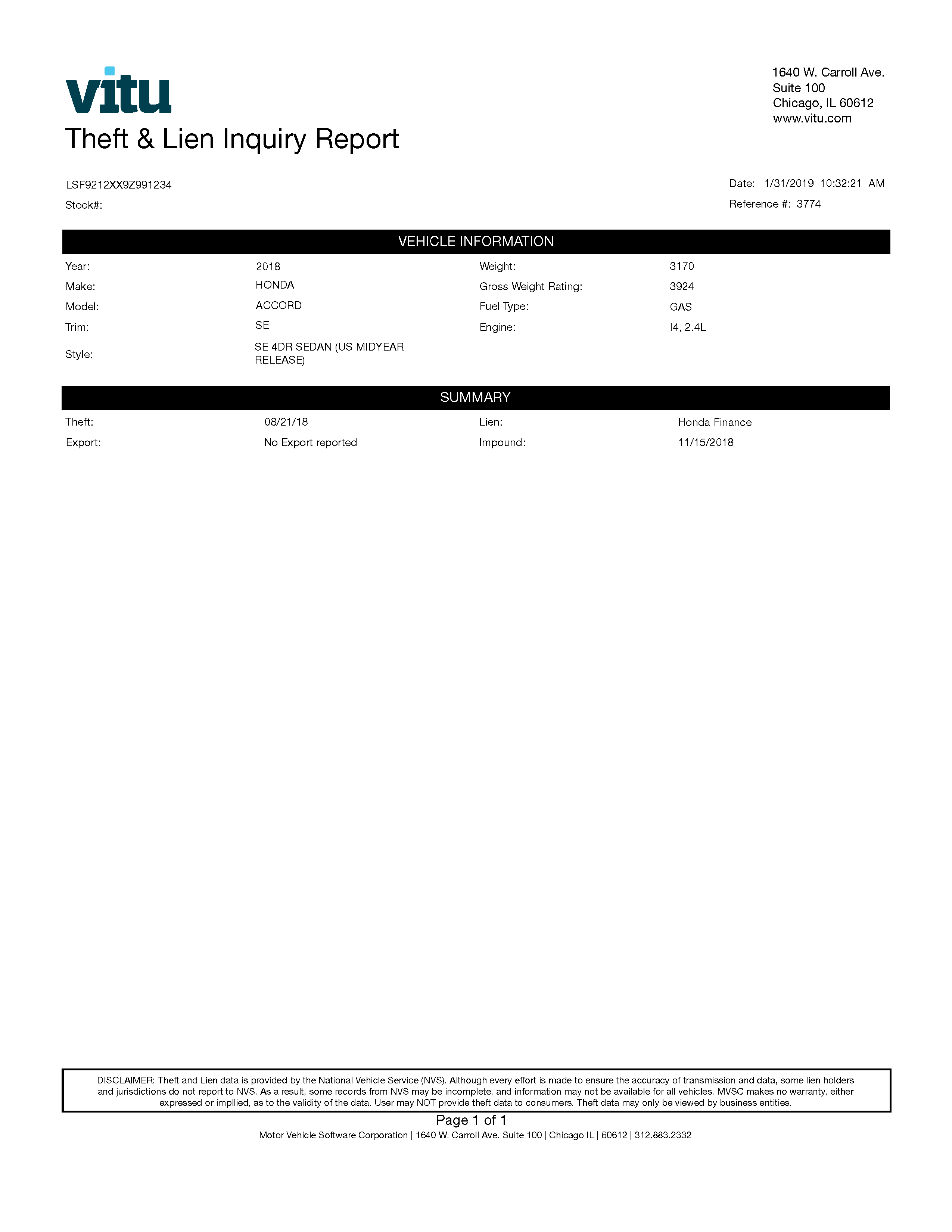 Theft and Lien Report